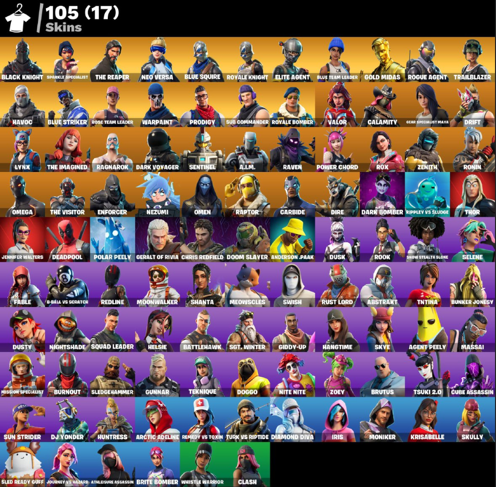 105 skins -  Black Knight,  The Reaper,  Neo Versa,  Mako,  OG STW